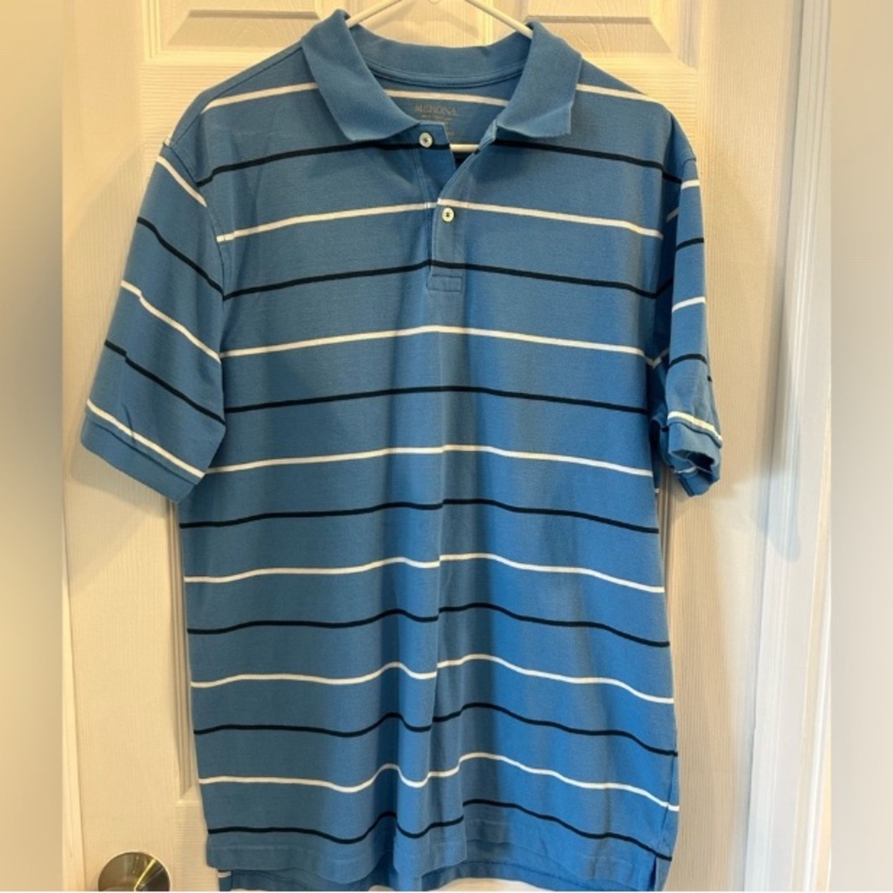 Men’s Merona Blue & White L Striped Polo Shirt. 100% Cotton. NWT.